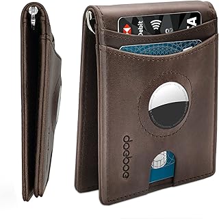 AirTag Wallet Holder, Genuine Leather Credit Card Bifold Wallet with Money Clip, Minimalist RFID Blocking Slim Front Pocket Wallet, Airtags Accessories for Men Women with Gift Box