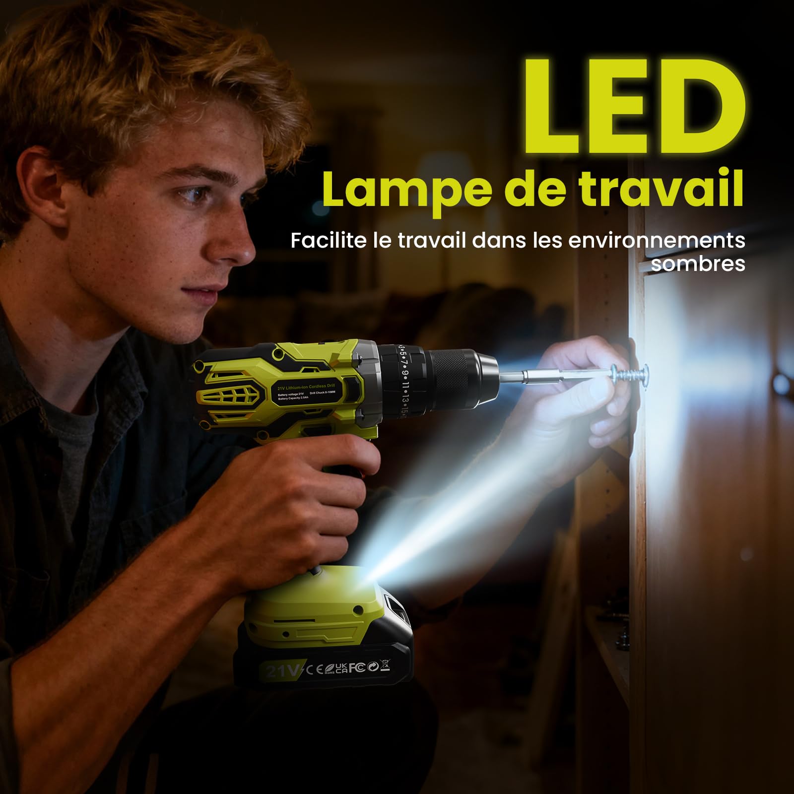 21V Perceuse Visseuse Sans Fil, 45Nm Perceuse Percussion Sans Fil, Visseuse Devisseuse avec 2 Batteries 2.0Ah, 25+3 Couple, 10mm Mandrin Métallique, 2 Vitesses, 29 Accessoires, Lampe LED, Vert