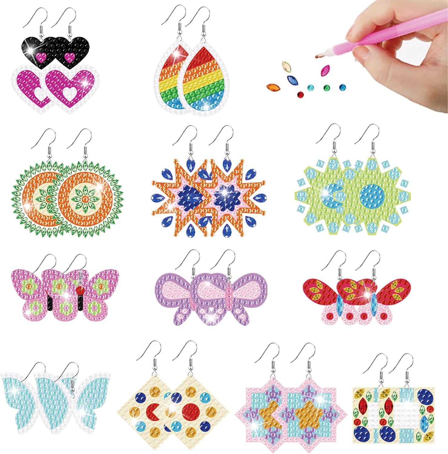 beinkmake 12 Pairs Butterfly Diamond Painted Earrings Mosaic Art Earring Making Kit 5D Boho Vintage Dangle Drop Earrings with Tool for DIY Craft Jewelry