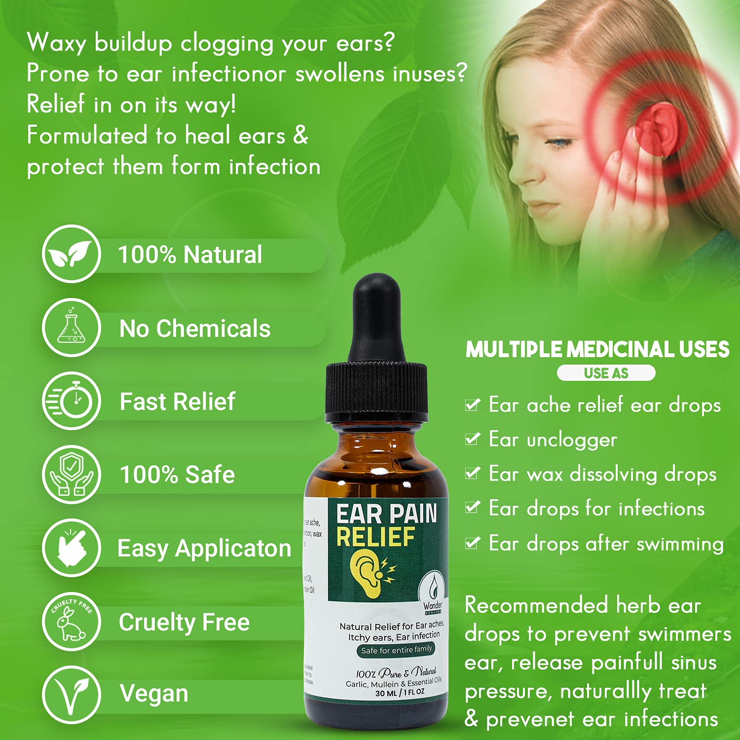 Ear Pain Relief, Relieves Ear Aches, Infections, Swimmer's Ear, Loosens