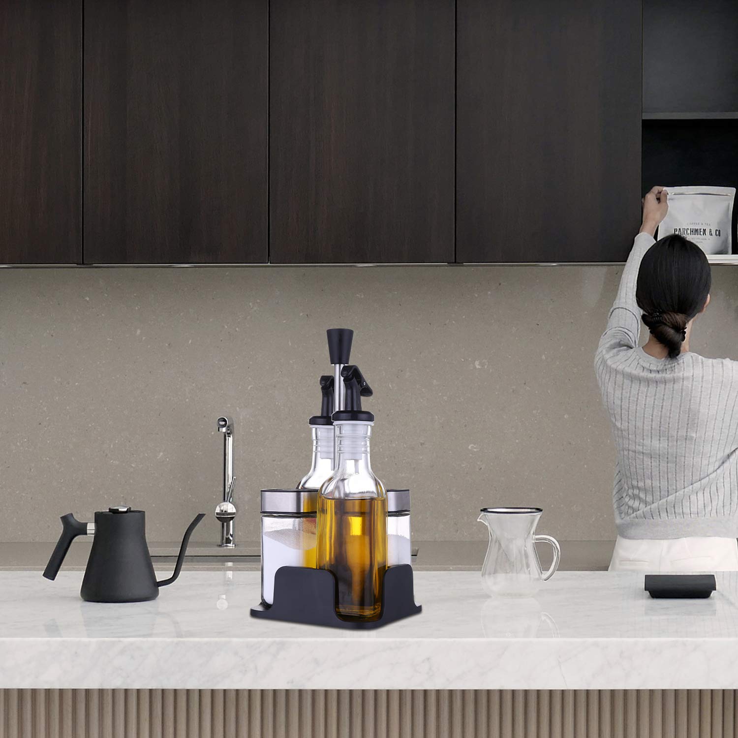 Miorkly Set Olio Aceto Sale Pepe ( da 5 Pezzi), Il Design a Rotazione della Copertina, può Utilizzare Una varietà di Metodi di Dumping,Oliera Vetro