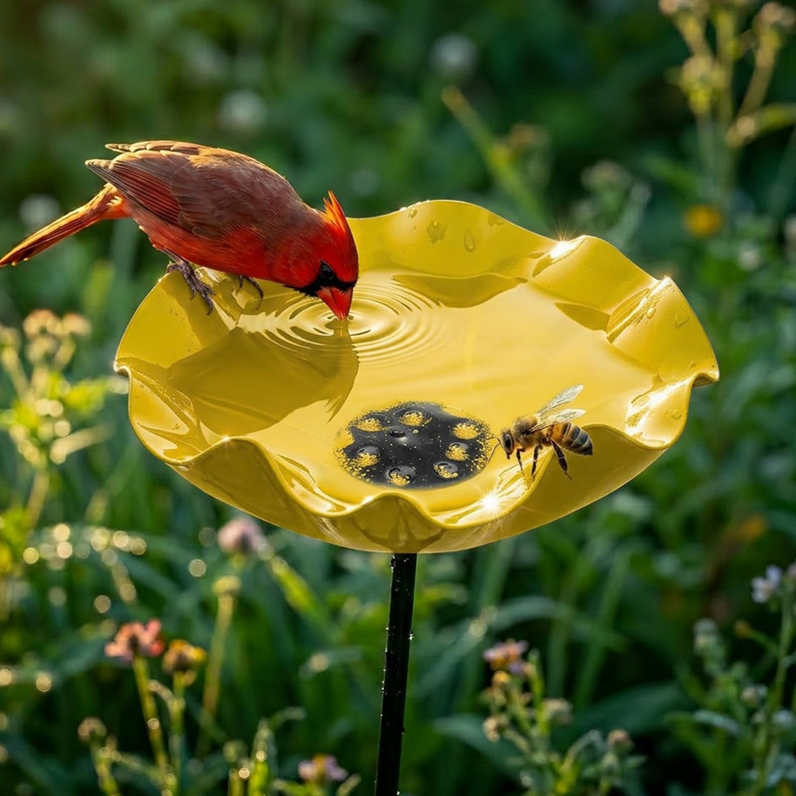 Bee Watering Station for Garden, Metal Flower Garden Stake with Bee Bath & Bird Water Bowl, Butterfly Pollinator Drinking Cups, Decorative Outdoor Yard Art, Weather-Resistant Lawn Decor Gift (yellow)