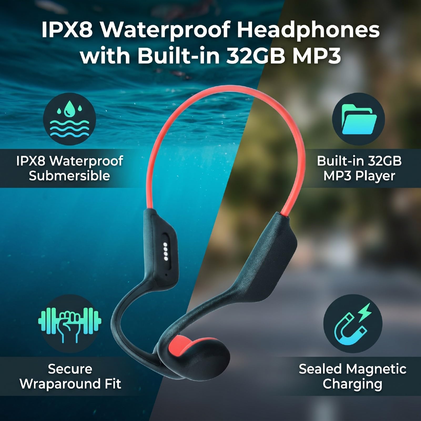 GOWENIC Cuffie a Conduzione Ossea, Lettore MP3 da 32 GB IPX8 Auricolare Sportivo Bluetooth Impermeabile, Auricolare Aperto per Nuoto Corsa Ciclismo Giochi, Batteria 5H (#3)