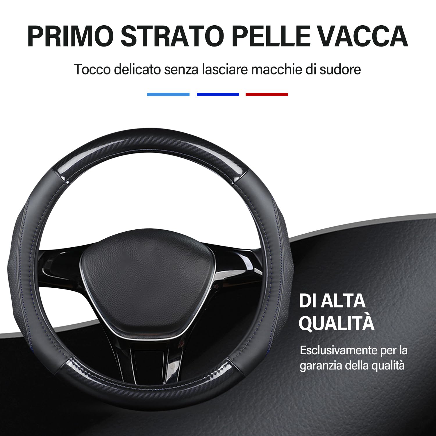 Ergocar Coprivolante per Auto Antiscivolo Protezione per Volante Auto D-Forma Fibra di Carbonio & Primo Strato di Pelle Bovina Universale per Diametro 38 Cm (15 ") (D-nero-rosso)