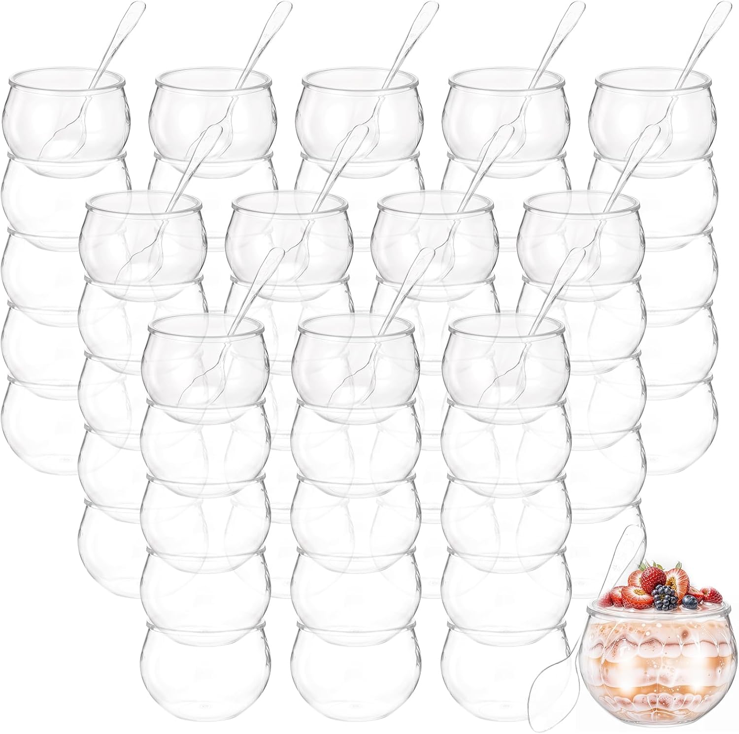 60 Pcs 2 oz Sphere Plastic Dessert Cups Mini Dessert Cups with Spoons Disposable Round Appetizer Bowls Clear Parfait Bowls Small Plastic Glass for Salad Wedding Event Birthday Party Serving