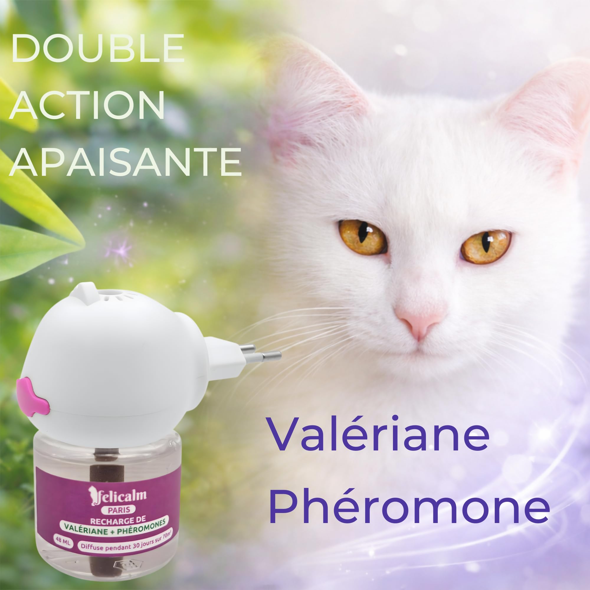 Diffuseur Chat Valériane + Phéromones sans Odeur- Double Action Apaisante, 2 Recharges 60 J de Calme