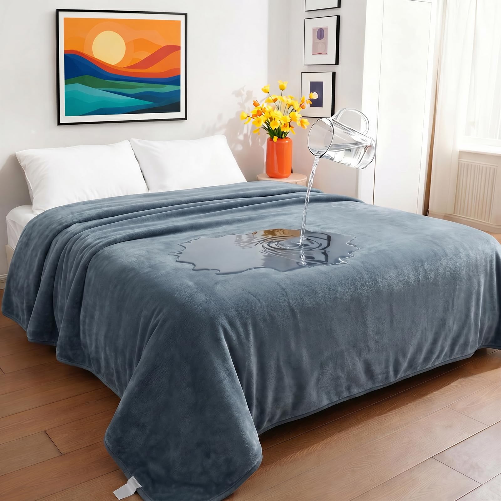 Sunheir Waterproof Blanket for King Size Bed, 108"x86" Reversible Soft Sherpa Fleece Flannel Throw, Leakproof Spill-Proof Dog Pet Blanket, Furniture &amp; Sofa Protector, Camping, Travel, Grey