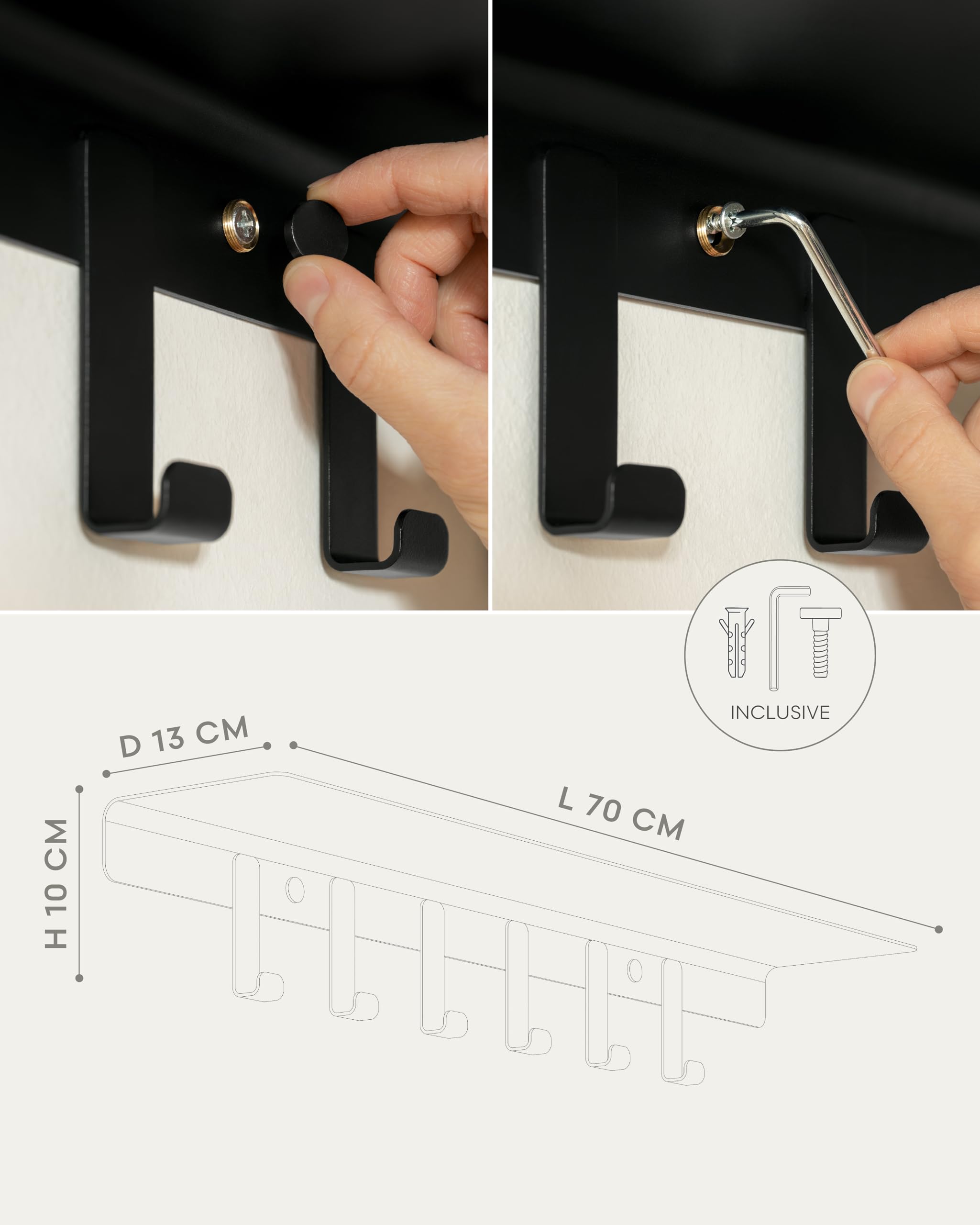 Kazai. Perchero de pared 'Holmsen' | Perchero moderno con estante de metal | Panel perchero minimalista para entrada y recibidor | Colgadores de ropa para pared | Negro