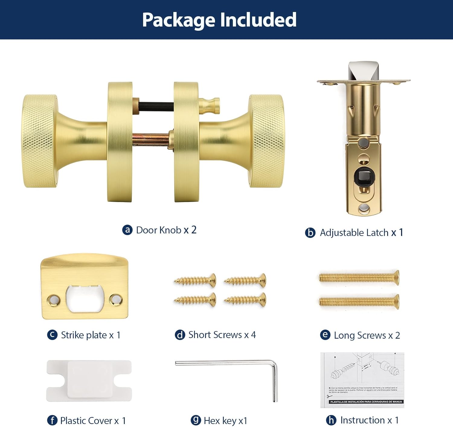 Orger Gold Privacy Door Knobs Interior, Zinc Alloy Keyless Brushed Gold Door Knobs with Lock for Bedroom and Bathroom, Knurled Heavy Duty Brushed Brass Round Base Modern Doorknobs, 3 Pack
