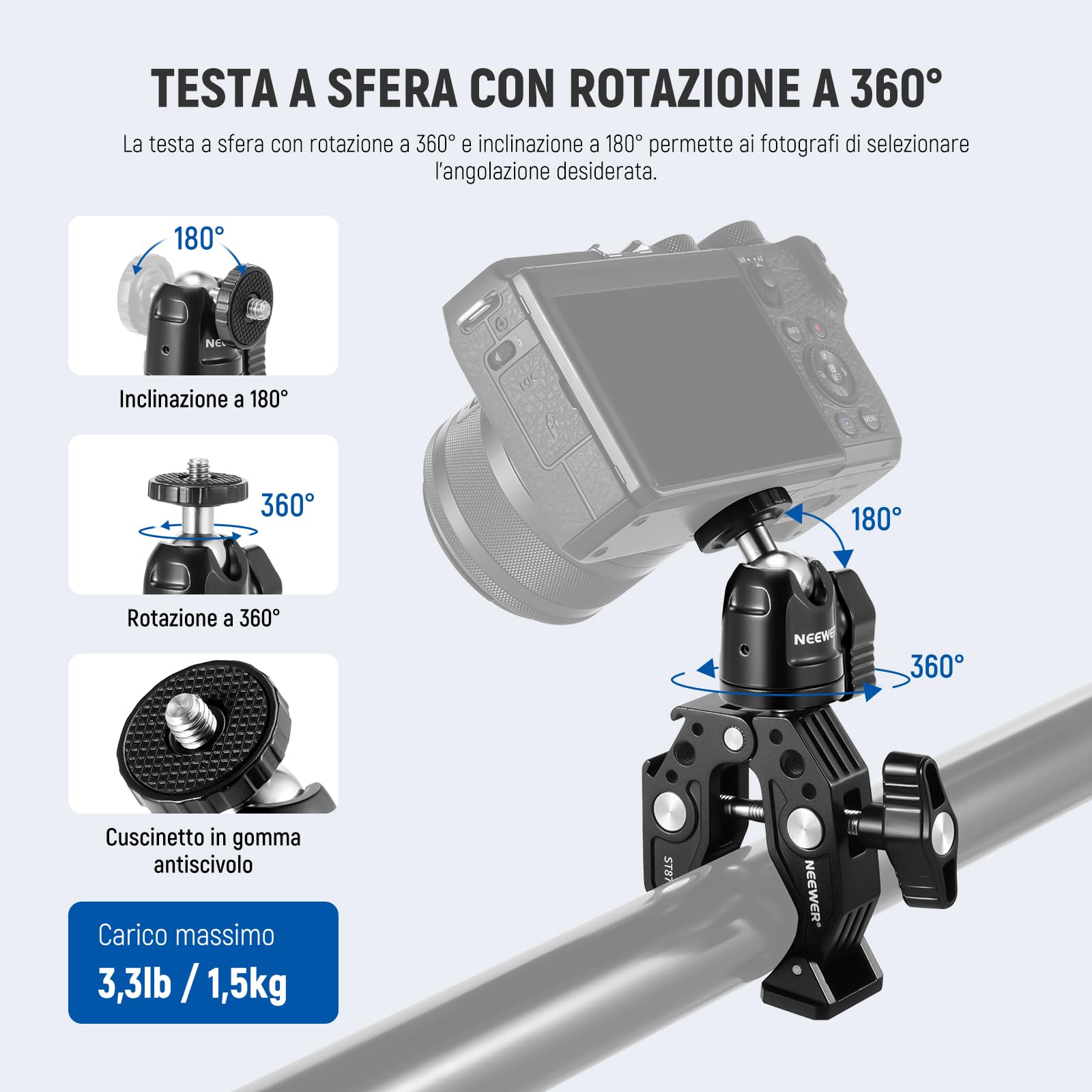 NEEWER Super Clamp con Testa a Sfera, Cold Shoe, Supporto per Telefono e Adattatore per Action Camera per Superfici Piane/Rotonde Compatibile con GoPro DJI iPhone 15 Pro Max, ST87