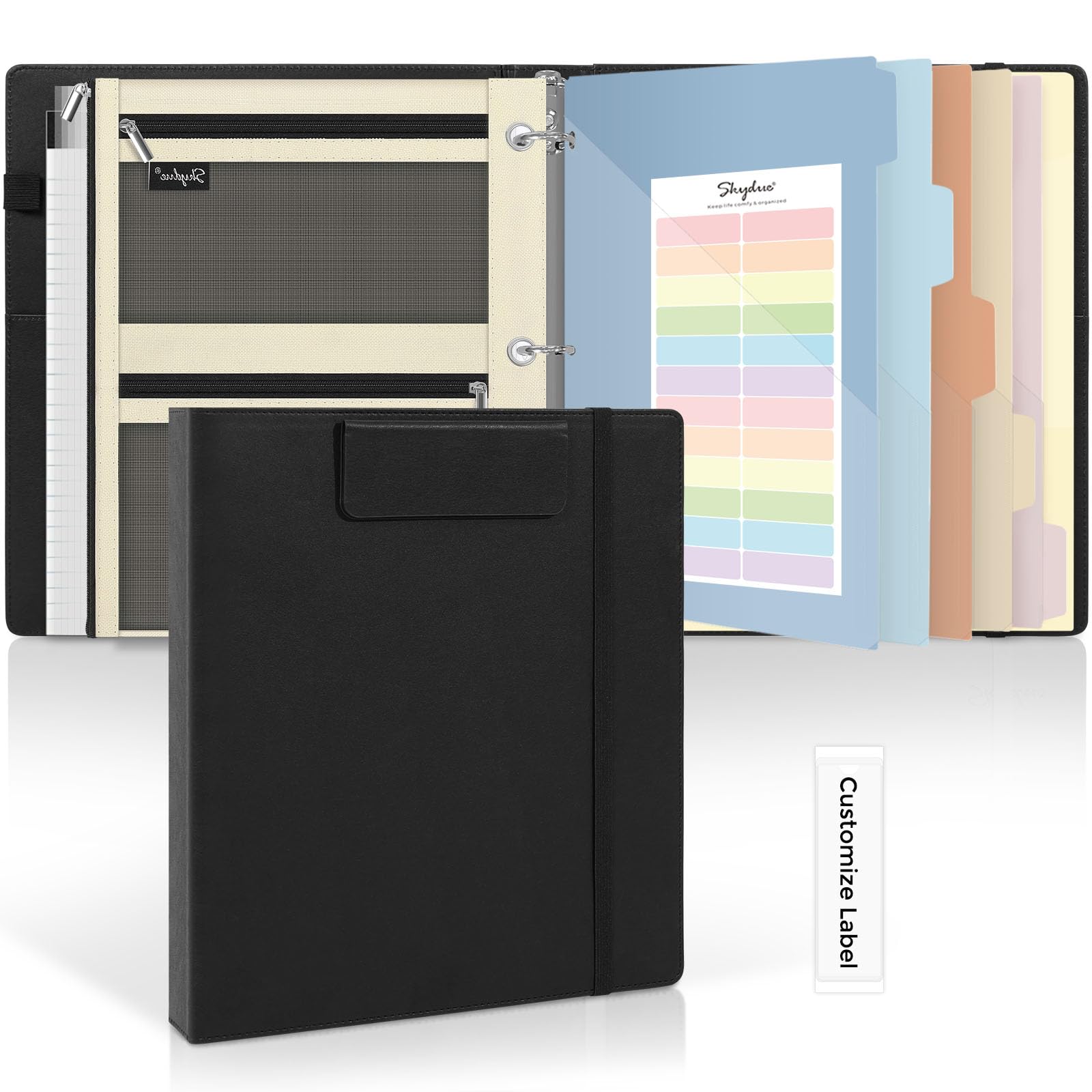 SKYDUE 3 Ring Binder with Magnetic Clipboard, 1 Inch Binder with 5 Dividers | Faux Leather Binder, Folder, Binder Pouch, Plastic Sleeves, and notepad, Ideal for Office & School Supplies Organize Black