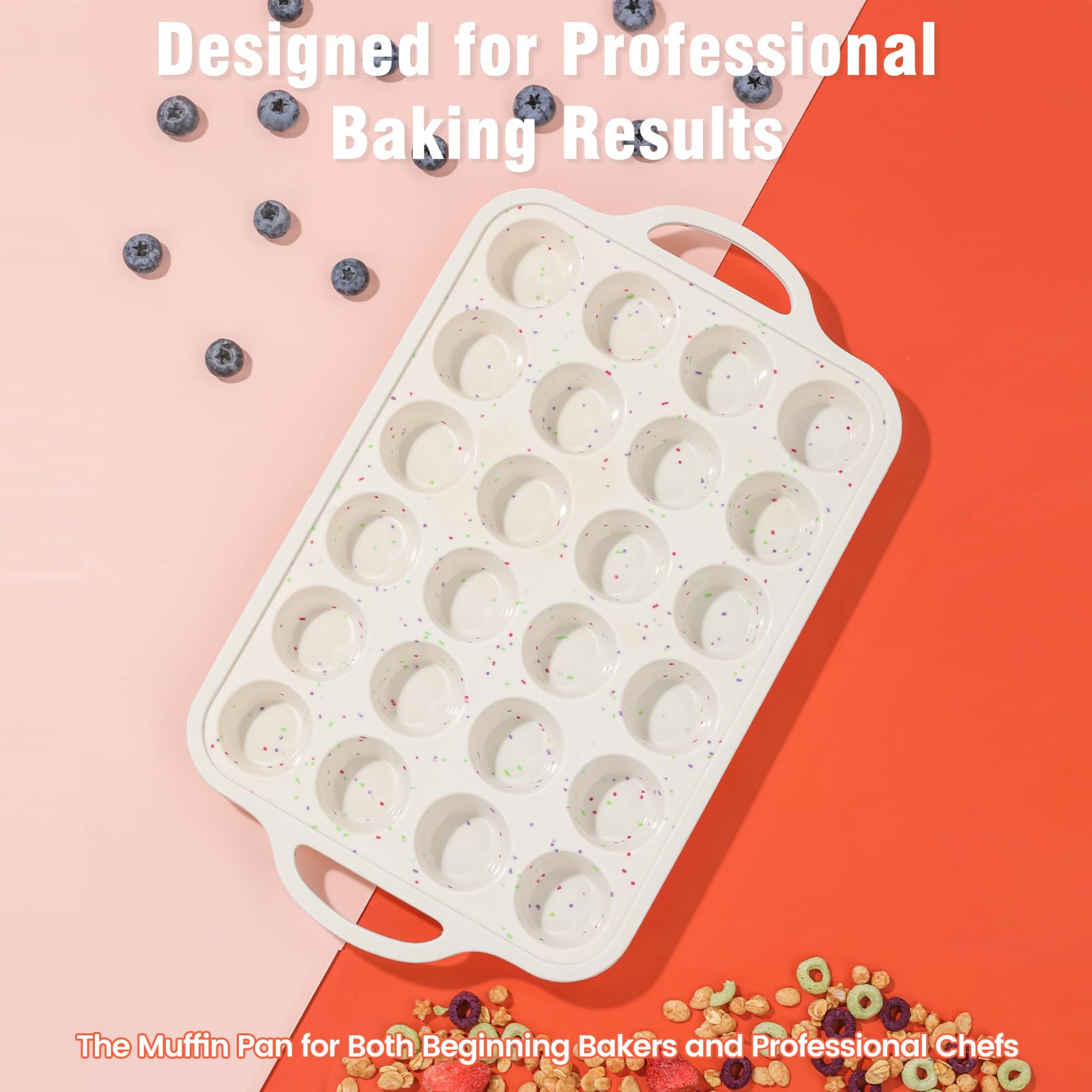 Fimary Silicone Mini Muffin Pan With Metal Reinforced Frame - 24 Cups Durable Silicone Cupcake Pan for Muffin, Cupcakes, BPA Free and Dishwasher Safe - 1 Piece Beige with Rainbow Spots