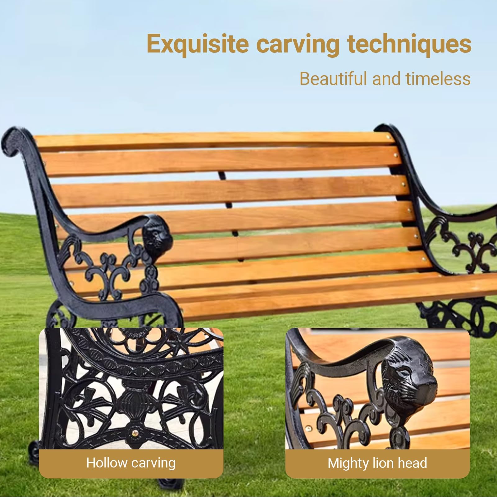 Banco de Parque de Madera Maciza con Respaldo,Banco de Patio Resistente a la Intemperie de Hierro Fundido,Asiento Natural con Listones,Reposabrazos tallados Huecos(B,125cm/47.2in)