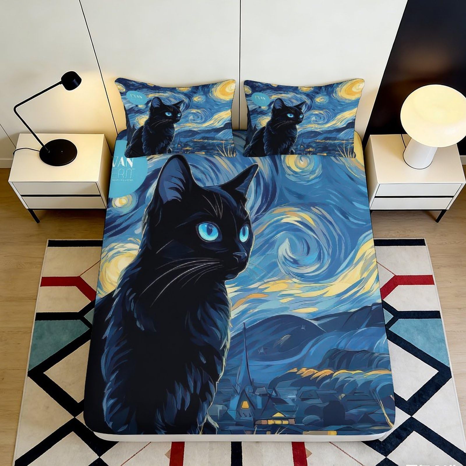 3D Printed Starry Night Cat Fitted Sheet Microfiber Soft Breathable Moonlight Bed Sheet for Bedroom Dorm Decor 90x200x25cm