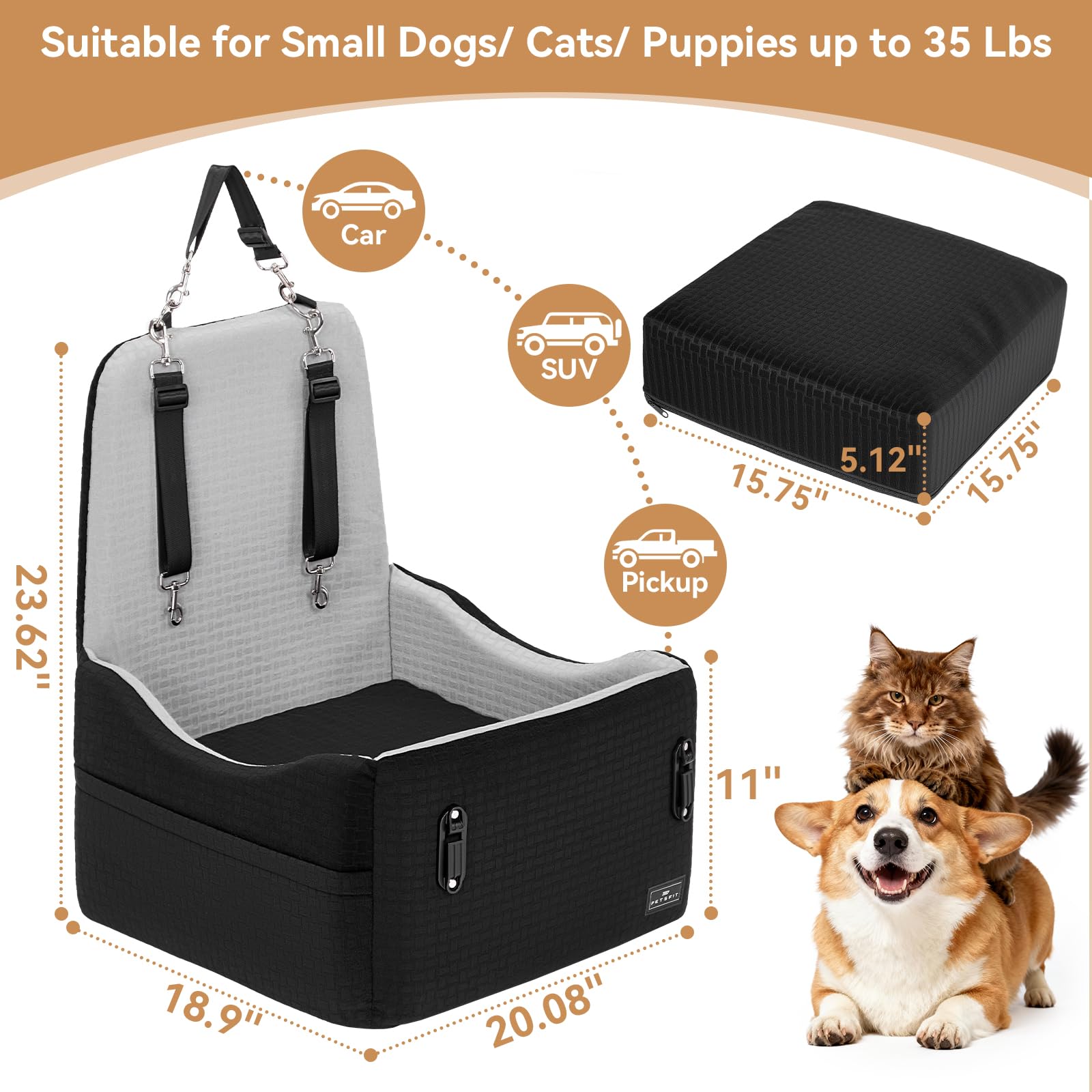 PETSFIT Podwyższony fotelik samochodowy dla małych/średnich psów o wadze do 15 kg – 15 cm, podwyższona poduszka obserwacyjna, smycz bezpieczeństwa 700N, antypoślizgowa podstawa, nadająca się do prania