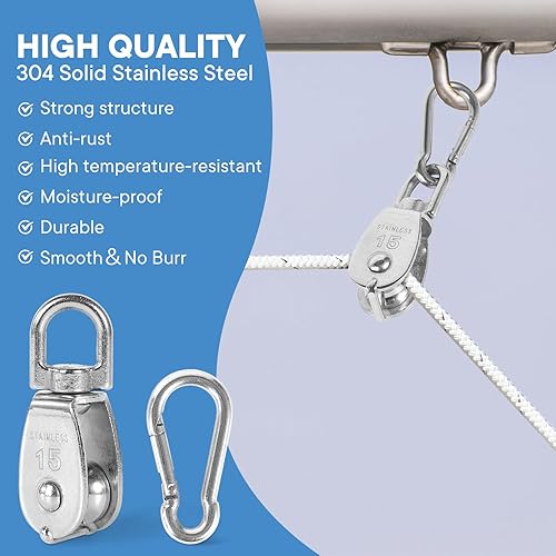 Vista 22 de 2 unidades de acero inoxidable 304 M32 de un solo bloque de polea, cuerda de alambre colgante de alambre de remolque, con 2 ganchos de resorte