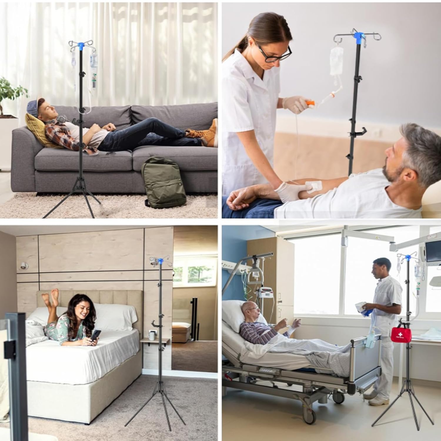 Support de perfusion portable, pliable, avec hauteur réglable, base de trépied pliable, 4 crochets, pour la maison, l'hôpital, la clinique (79 à 210 cm)