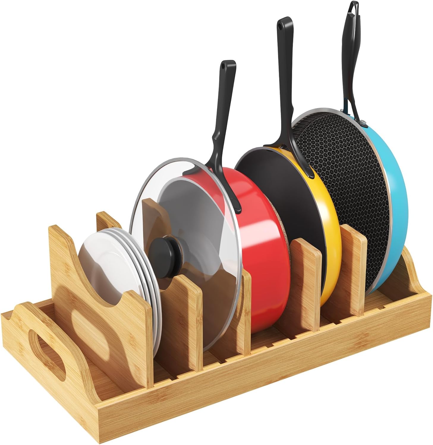 Lifewit Bamboo Pot Lid Organizers for Inside Cabinet, Pot and Pans Lid Holder with 6 adjustable Inserts & 7 Compartments, Lid Storage for Kitchen Pantry Organization, 15.6" X 8.1"