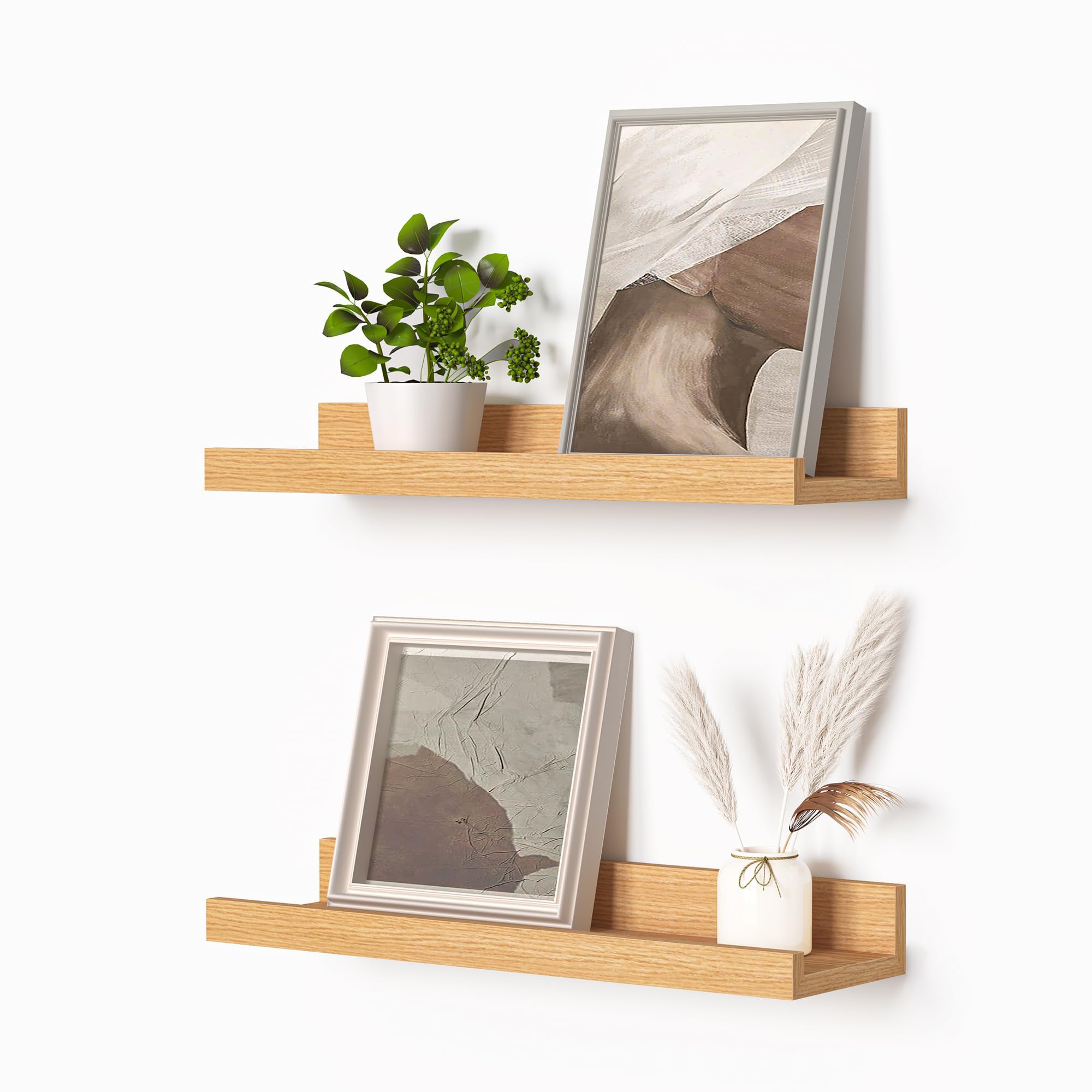 Heimlove Floating Shelves Set of 2, 40 cm Wood Wall Mounted Shelf, Picture Ledge Shelf for Photo Book Display, Kids Room, Living Room, Bedroom, Home Organization & Wall Decor, Oak