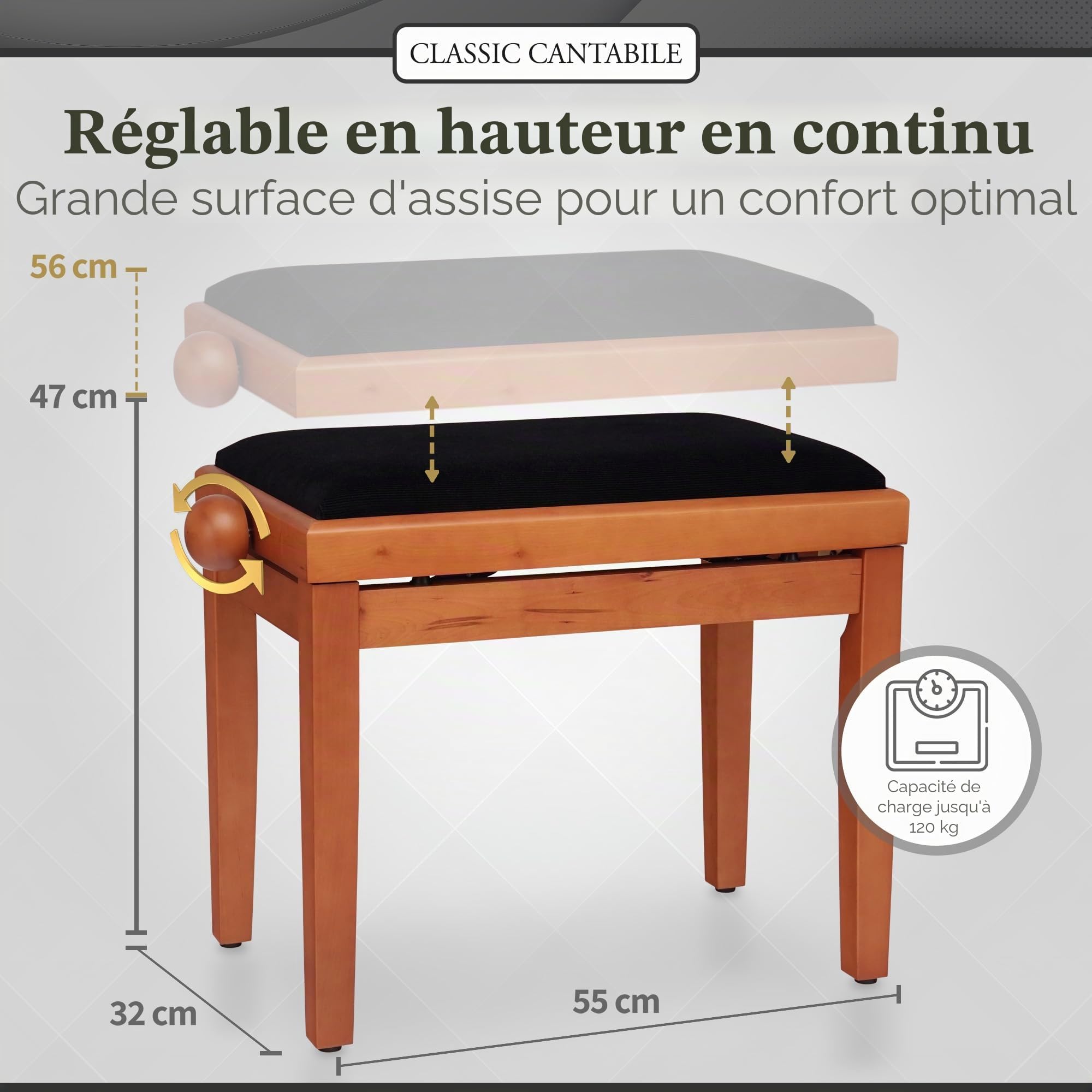 Classic Cantabile Banc de Piano en hêtre
