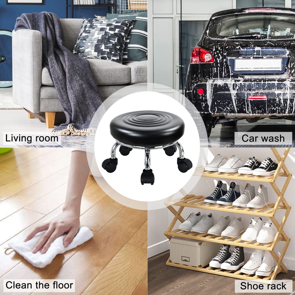 WKWKER moderno sedile a rullo in pelle PU basso rotonda sgabello girevole piccolo sgabello con ruote girevoli universali per home office garage negozio fitness sport, H: 21,3 cm (nero)