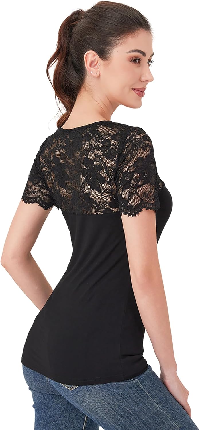 AmélieBoutik Women Sheer Sleeve Blouse V Neck Front Pleated Embroidery Lace Patchwork Tops - Image 5