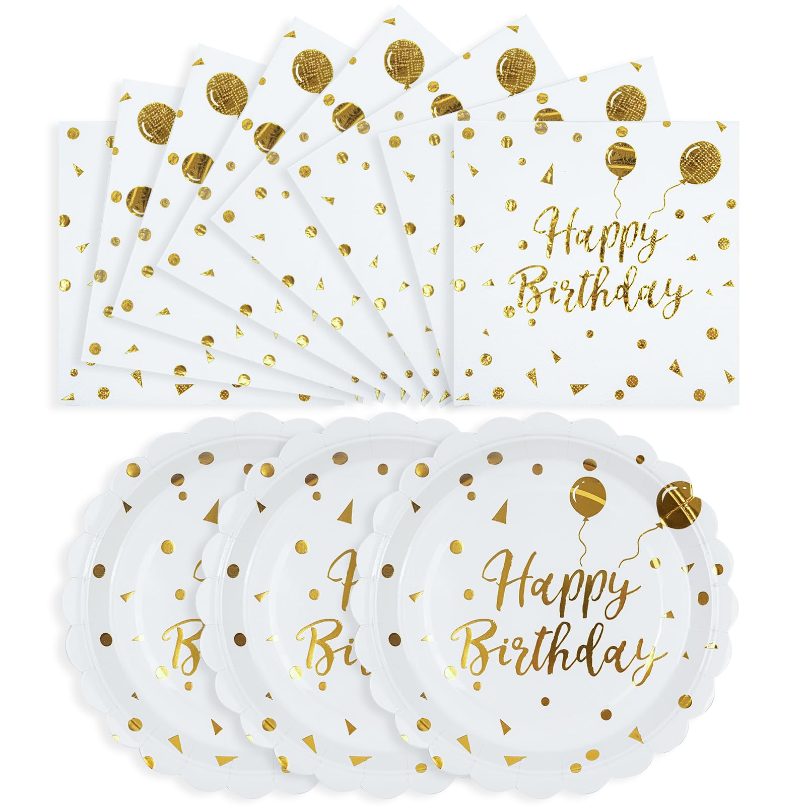 50PCS Happy Birthday Paper Plates and Napkins - 7 Inch Birthday Cake Plates Scalloped White and Gold Dessert Plates and 6.5 Inch Napkins Disposable Tableware Set, Serves 25