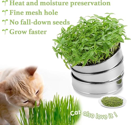 Miniatura 4 de SOLIGT Kit apilable de germinación de semillas de acero inoxidable, bandejas de germinación de malla de 2 niveles, 1 base y 1 tapa de cubierta