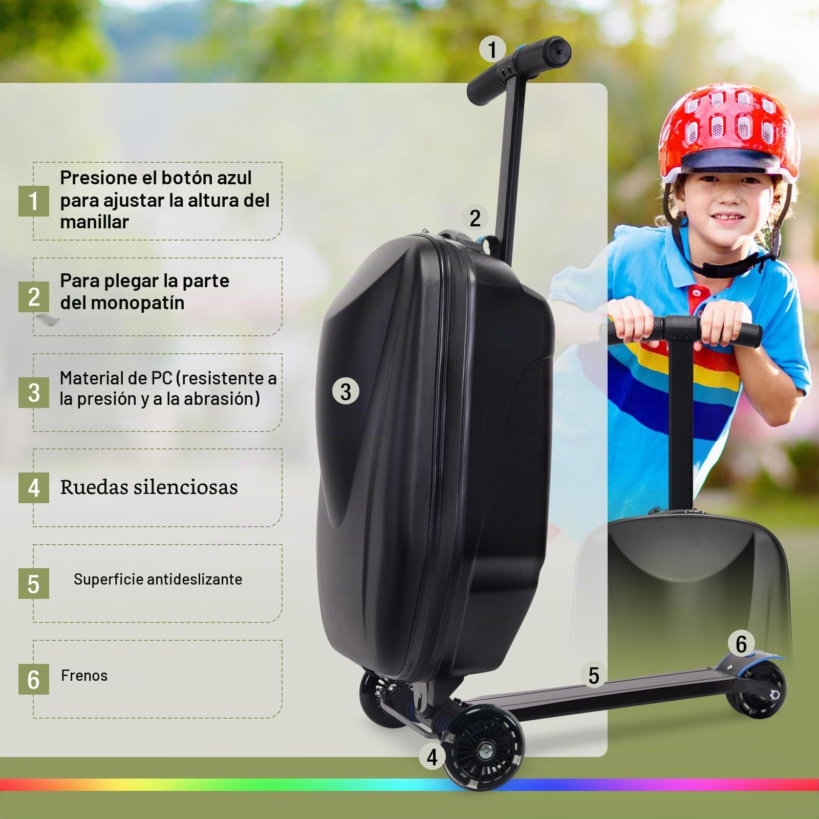 Maleta para patinete infantil 2 en 1 de viaje, maleta de mano plegable con 3 ruedas, color negro