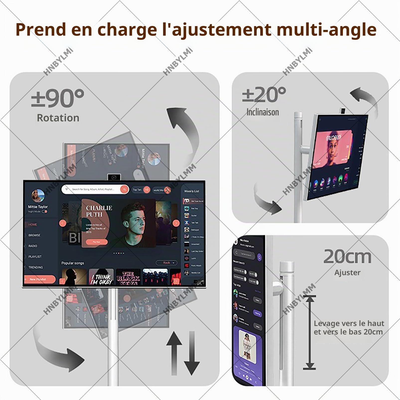 Téléviseur Portable 27", écran Tactile HD 1080p sur roulettes, Tablette TV sur Pied avec Android 15, 6 Go + 128 Go, Wi-FI 2,4/5 GHz, Bluetooth 5.0, pour la Maison, Les Camping-Cars Grey