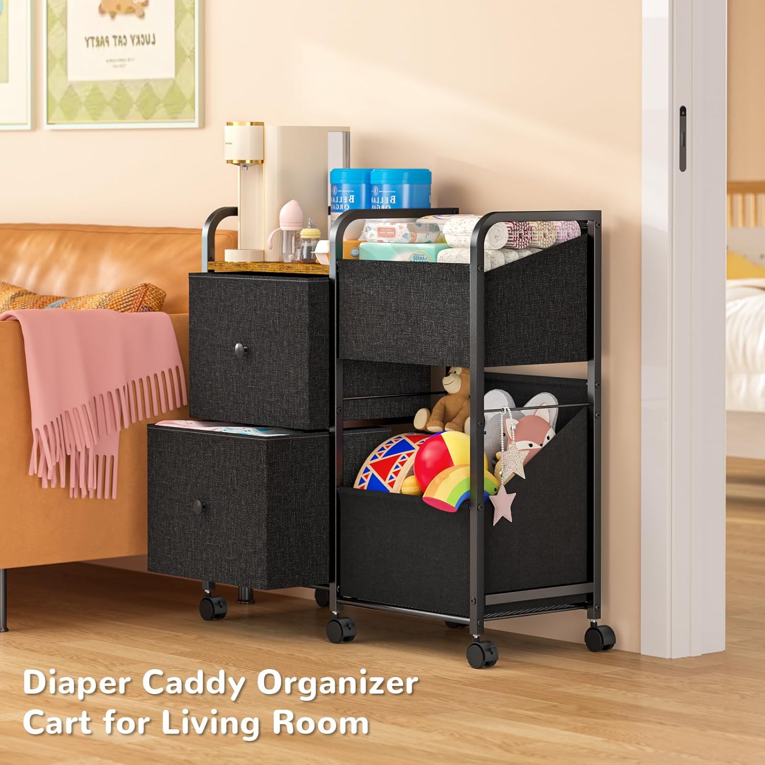Baby Diaper Caddy Organizer Cart with Wheels, Rolling Cart with Dividers and Drawers, Mobile Utility Cart Bedside for Nursery, Bedroom, Baby Newborn Essentials Storage Cart, Black