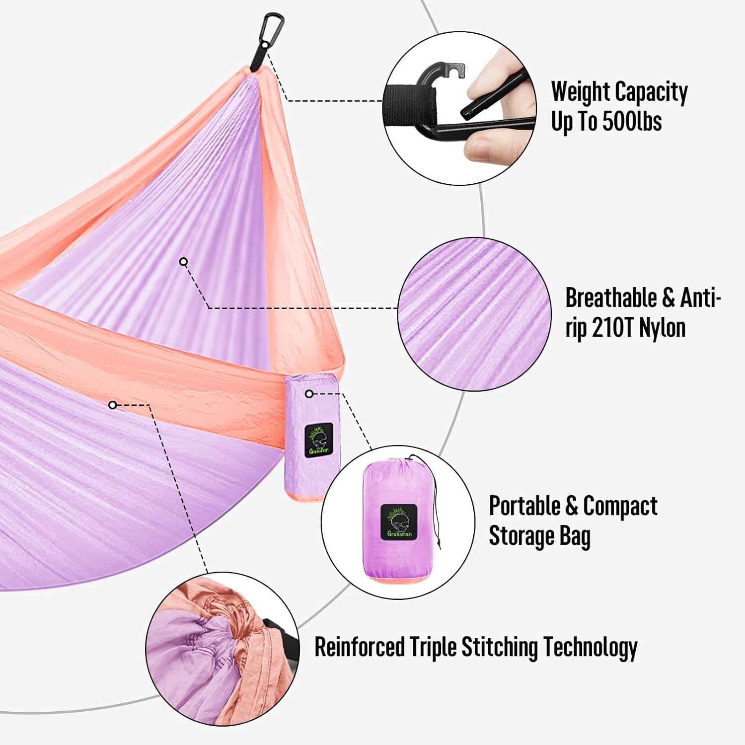 Grassman Camping Hammock Double & Single Portable Hammock with Tree Straps, Lightweight Nylon Parachute Hammocks Camping Accessories Gear for Indoor Outdoor Backpacking, Travel, Hiking, Beach