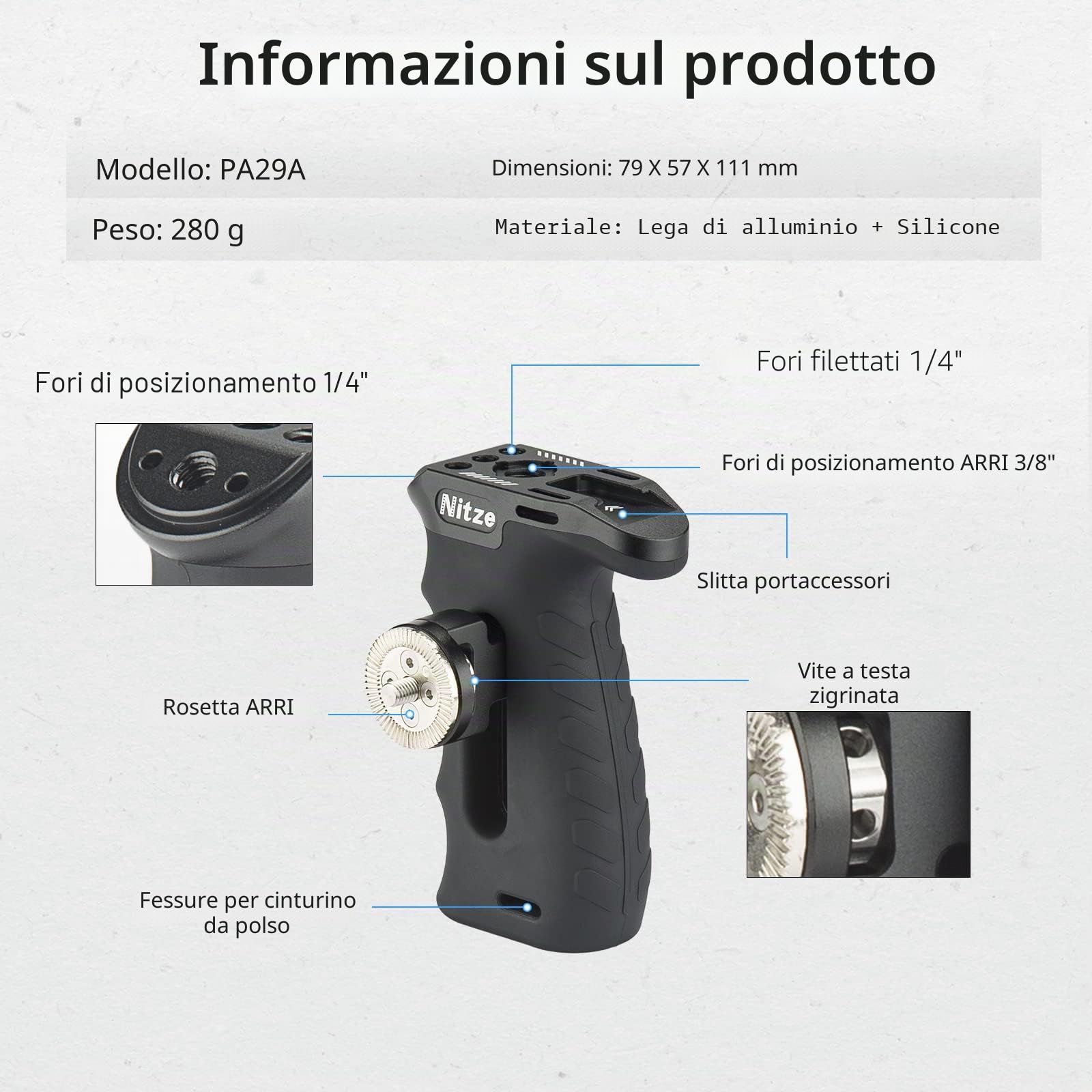 Nitze Impugnatura Laterale Rosette, Ergonomica Maniglia Laterale per Mano Sinistra o Destra, Mini Side Handle Regolabile su e Giù per Camera Cage -PA29A