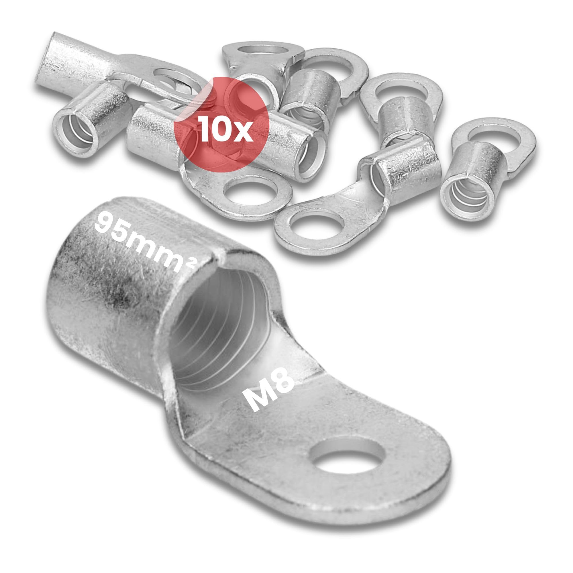 Kalitec 10x Capicorda ad Anello 95 mm² M8, Non Isolati, Serie Q DIN 46234 | Rame elettrolitico per conduttori multipli, fini e sottili, pressatura a mandrino per collegamenti elettrici sicuri