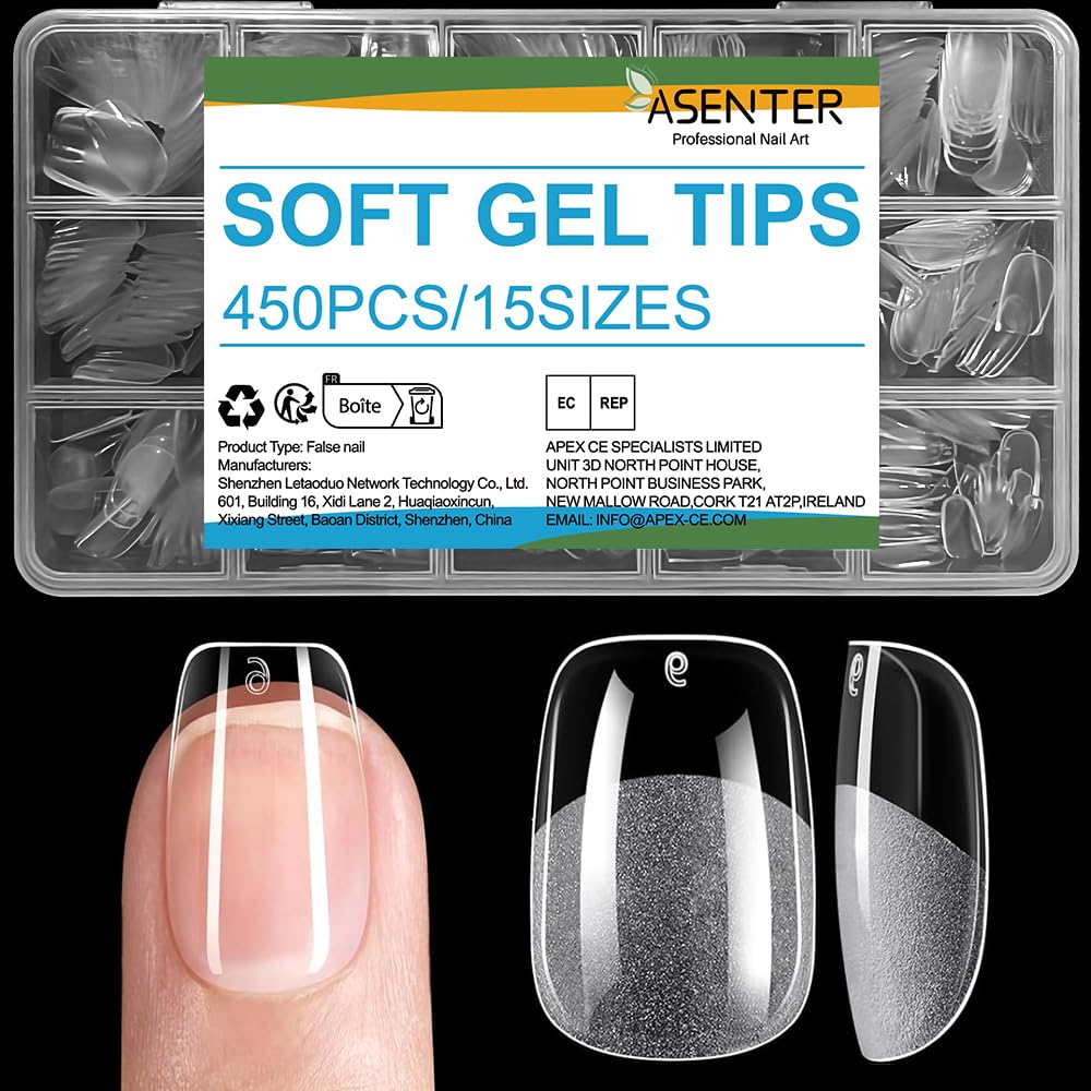 ASENTER XS Square Nail Tips, 450Pcs Half Matte Soft Gel