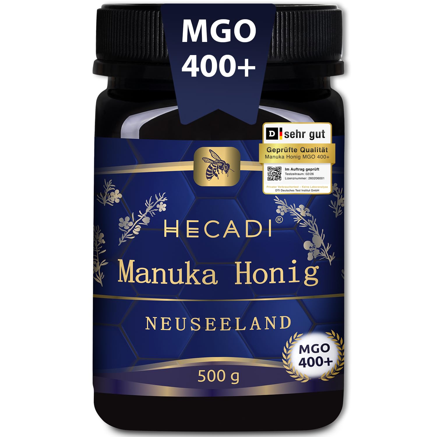 Hecadi® Manuka Honig 400+ MGO 500g XXL Monofloral Honig aus Neuseeland 100% Pur mit zertifiziertem und Garantiertem Inhalt von MGO