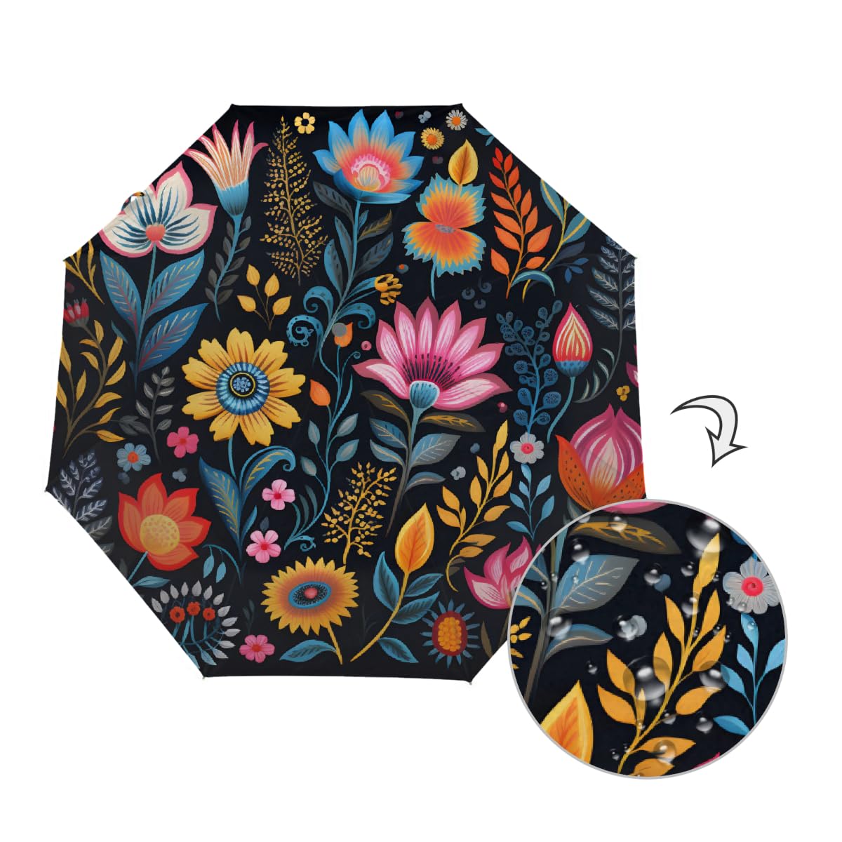 Ombrello pieghevole etnico colorato con motivo floreale ombrello da viaggio compatto antivento impermeabile con protezione UV rivestimento nero leggero 8 coste portatile per pioggia sole