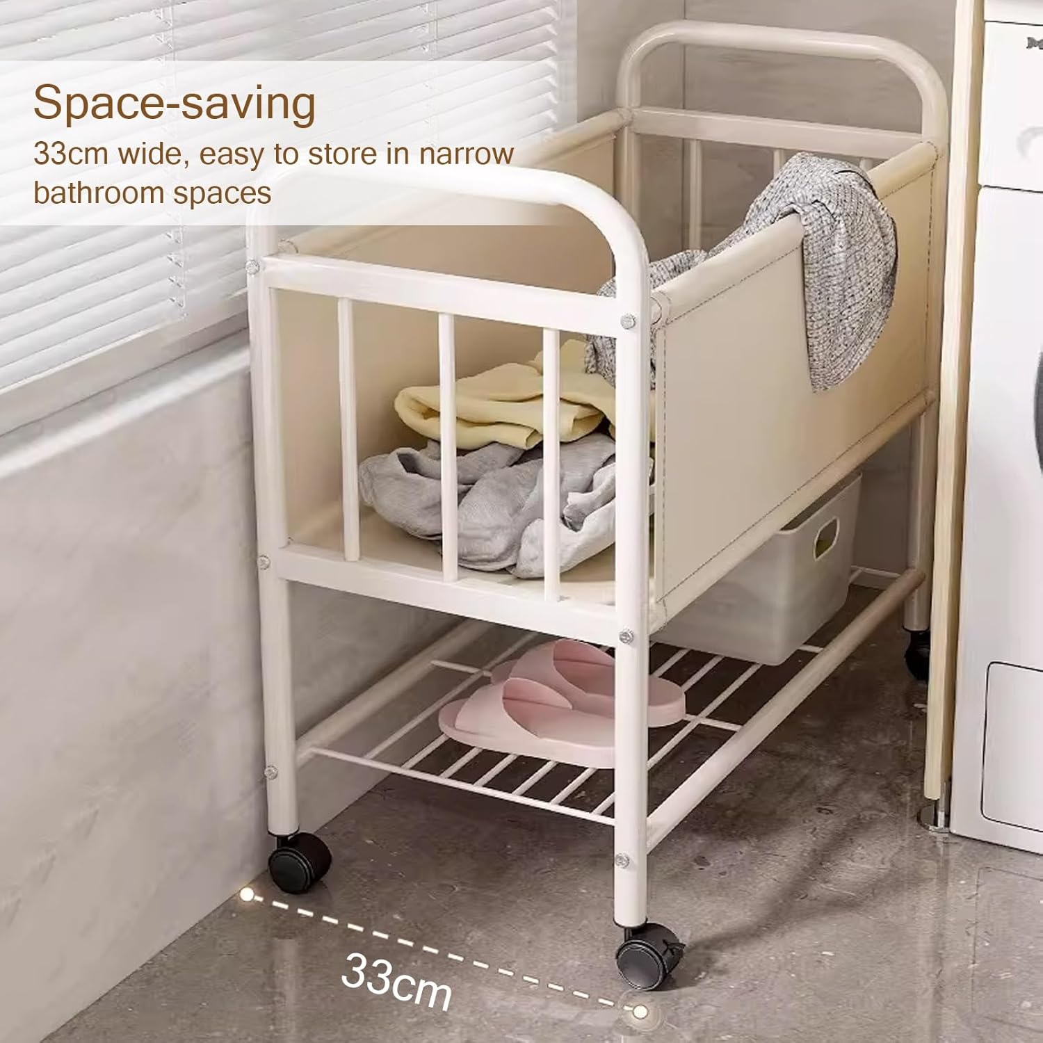 Double Layer Laundry Hamper, Rolling Clothes Basket with Wheels and Handle, Space-Saving Storage Organizer for Bathroom, Bedroom, Living Room