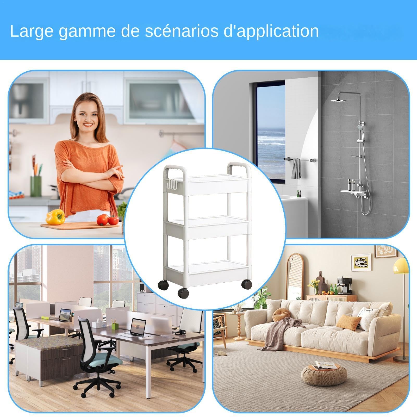 Chariot de Rangement à 3 Niveaux avec Poignées et Étagères Coulissantes, Mobile pour Cuisine, Salle de Bain, Buanderie, Bureau, Chambre - Plastique