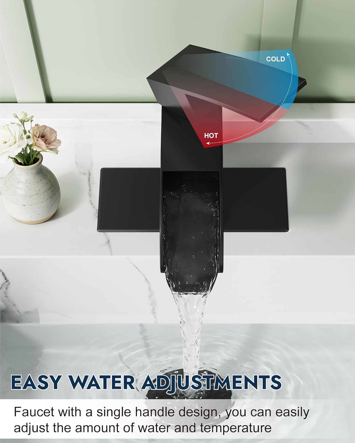 Midanya Waterfall Bathroom Faucet, Single Handle Bathroom Sink Faucet for Sink 1 or 4 Inch 3 Hole, Stainless Steel Vanity Faucets with Deck Plate and Pop up Drain,Matte Black