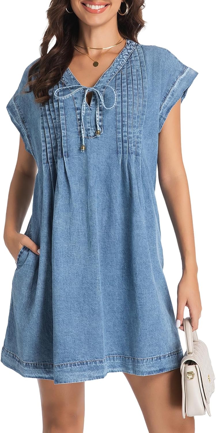 Womens Denim Romper 2025 Jean Dress V Neck Shorts Sleeves Tie Front Ruffle Overall Dress with Pockets