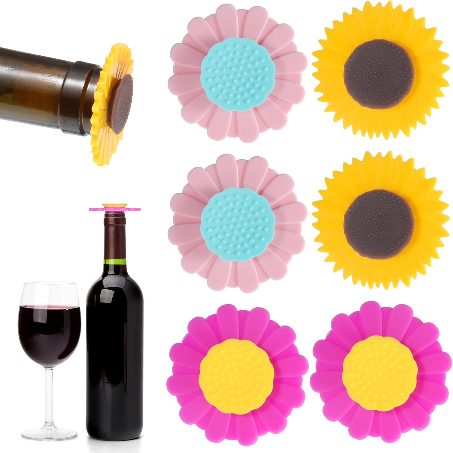 6pcs Wine Bottle Stopper Silicone Sunflower Cute Wine Bottle Stopper Champagne Stoppers Reusable Bottles Sealer Wines Accessories Wines Freshness Keeper Gifts