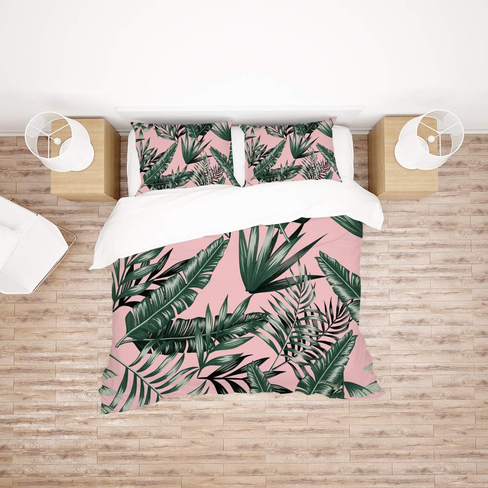 Parure de lit decorative design feuilles tropicales pour lit double confort toutes saisons