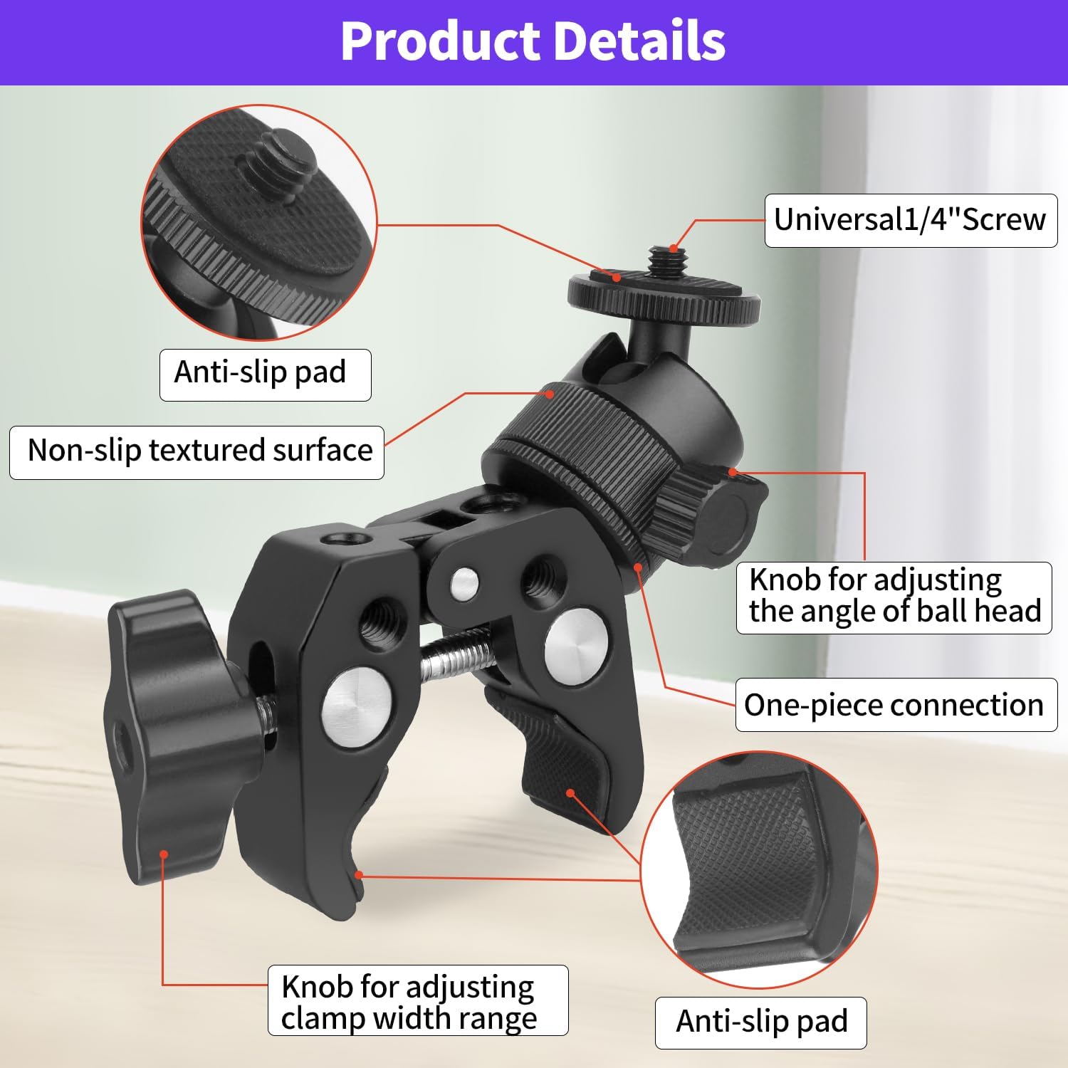 Super Clamp Camera Mount with 360° Ball Head, Action Camera Adapter, 1/4"-3/8" Thread, 6.6 LB/3 KG Load-Bearing Motorcycle Bike Bicycle Pole Tube Tripod Desk Camera Mount for Light Insta360 DSLR image 6 of 7 B0CLJGHWKP