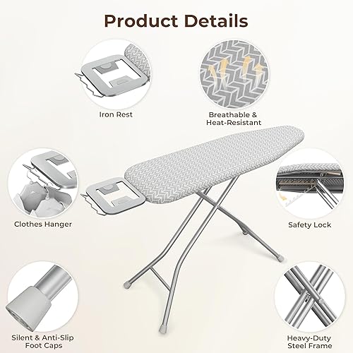 Miniatura 5 de Yaheetech Tabla de planchar plegable, tabla de hierro resistente con 9 alturas ajustables, cubierta de 4 capas y soporte de hierro de seguridad, 52
