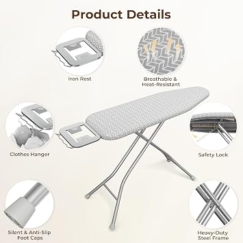 Yaheetech Ironing Board 43x14 with Iron Rest, Foldable, Gray & White