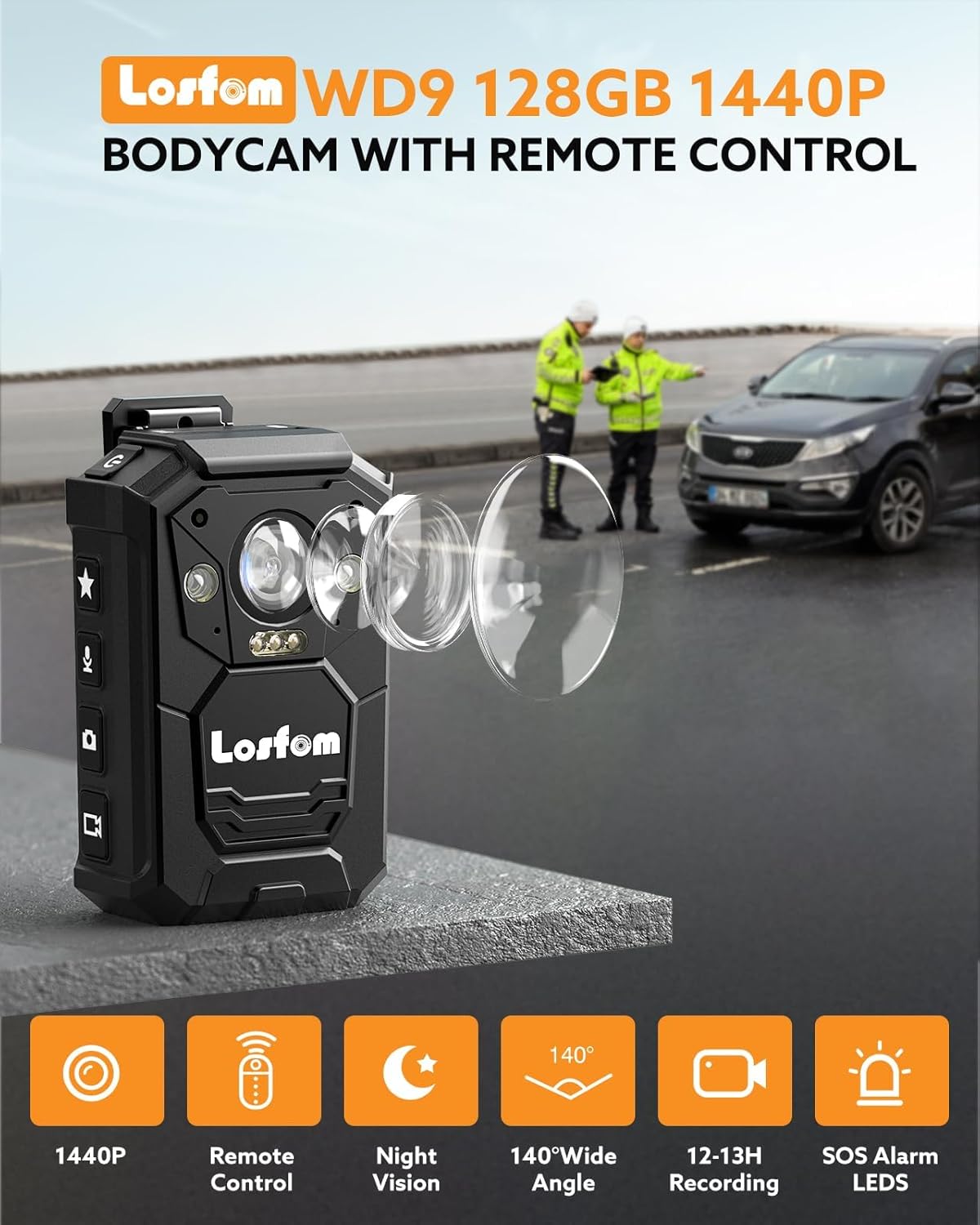 Losfom WD9 Bodycam with features highlighted