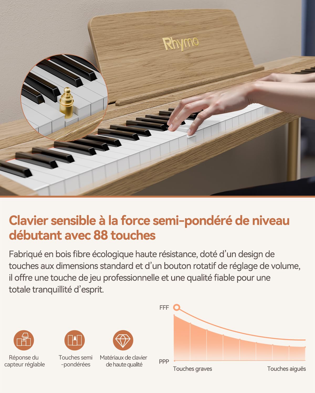 Rhymo Piano Numérique 88 Touches Semi-Lestées avec Support - Clavier Pleine Taille, Bluetooth Audio/MIDI, Mode Dual Player, Haut-parleurs 20W, Entrée Micro, Triple Pédale (couleur bois naturel)