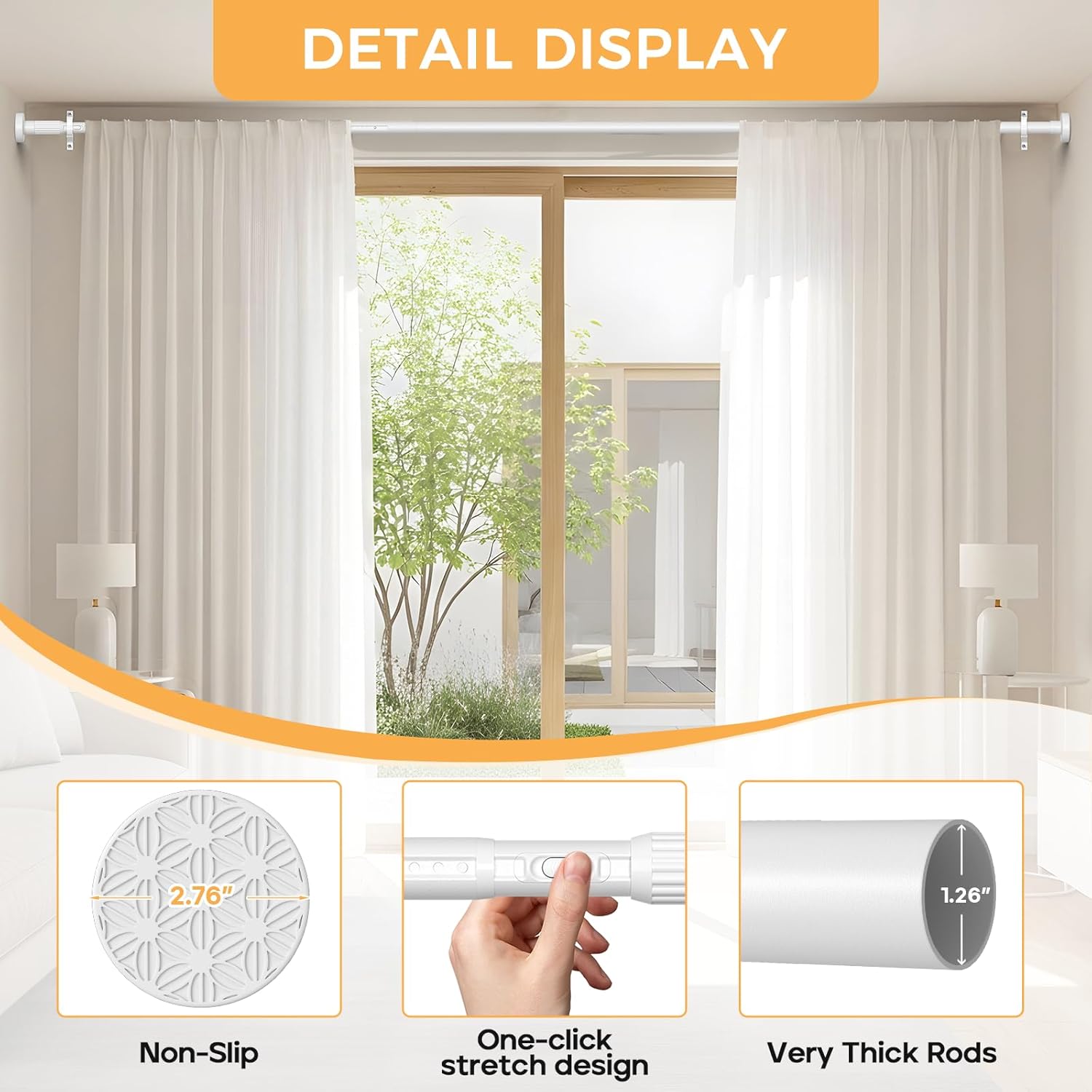 2 Pack White Long Tension Curtain Rod 41-146 Inch Outdoor Tension Shower Curtain Rod No Drilling for Window Patio No Slip Spliced Telescopic Design Easy to Install Never Rust Diameter 1.26 Inch