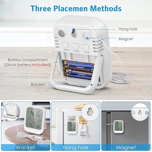 Miniatura 5 de AMIR Termómetro digital para nevera con sonda, pantalla LCD, registros máximos y mínimos, alarma, termómetro digital con sensor externo, imán,